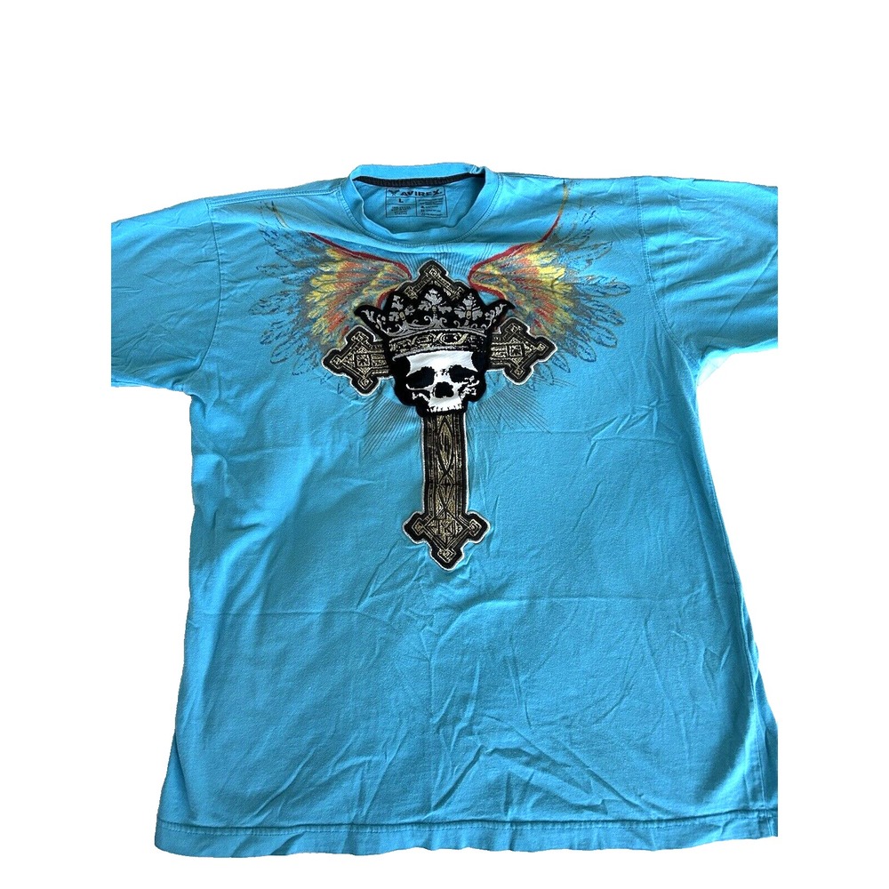 Avirex Mens Tshirt Mixed Media Crown Skull Crucifix Wings Large Affliction Style